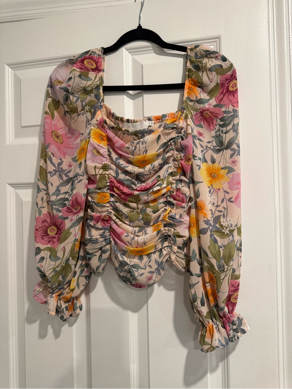 Astr Pastel Floral Ruched Bustier in Pink, Yellow & Green - Picture 3 of 5